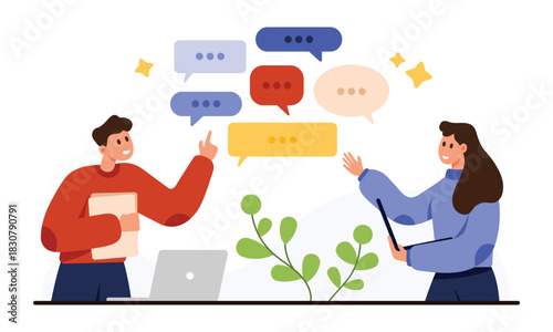 Two colleagues exchanging feedback and discussing ideas with speech bubbles, laptops, and documents, representing teamwork and communication, isolated on white background vector illustration