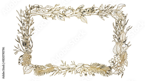 Elegant gold botanical frame with leaves, branches, and berries, creating a decorative border for invitations or designs.