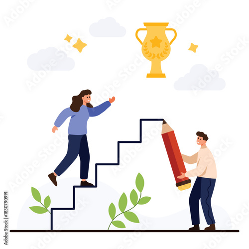 Man drawing stairs for woman to reach trophy, symbolizing teamwork, support, goal achievement, and personal growth, isolated on white background vector illustration