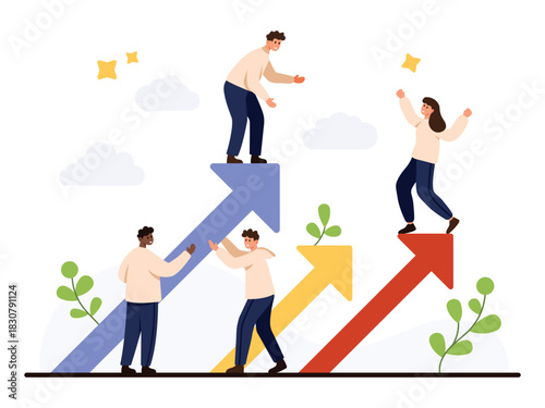 People collaborating and supporting each other while climbing colorful upward arrows representing business growth, development, success, and teamwork isolated on white background vector illustration