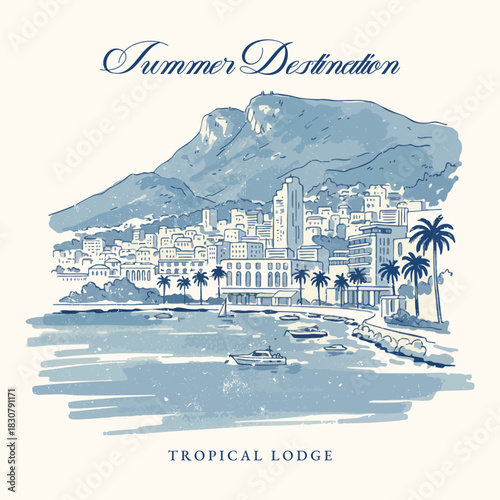 Summer vacation t-shirt print, European summer vacation destination artwork for t shirt, poster, wall art, graphic print, Vintage hand-drawn sketch of Amalfi Coast Italy, Watercolor vector art