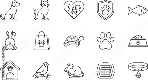 Pet Store, Veterinary, and Animal Care Icon Set Line Art Vector Illustration: Dog, Cat, Fish, Rabbit, Turtle, Bird, Mouse, Shelter, Supplies, and Paw Protection Shield.