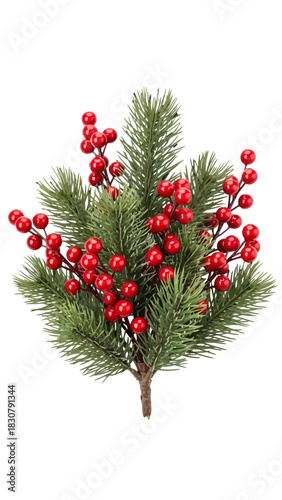 A festive artificial pine branch adorned with numerous bright red berries, perfect for holiday decorations.