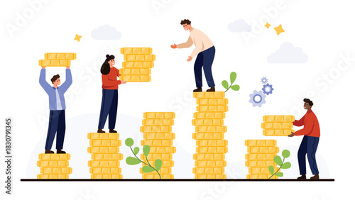 Business people stacking gold coins to represent teamwork, financial success, and investment growth, with plants and gears symbolizing progress, isolated on white background vector illustration