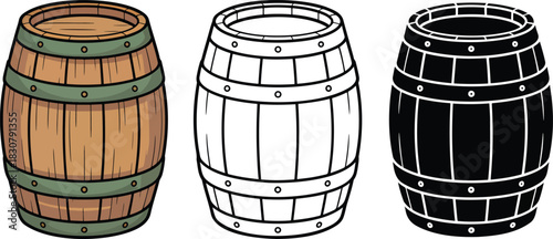 wooden wine barrel silhouette & Outline and illustration set isolated on transparent background