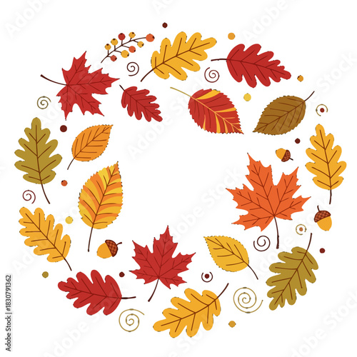 A vibrant circular wreath of colorful autumn leaves and acorns on a white background, perfect for fall designs.