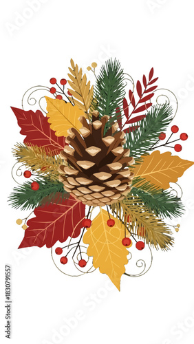 A decorative arrangement featuring a prominent pine cone surrounded by autumn leaves, pine needles, and red berries, set against a white background.