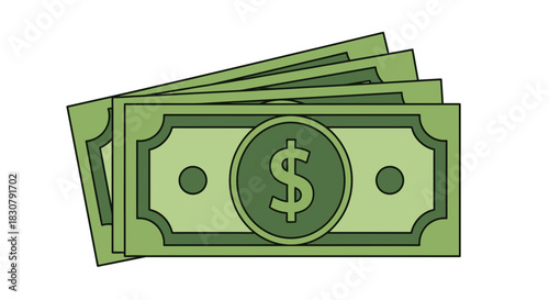 A fan of green banknotes with a dollar sign symbolizes wealth and financial success.