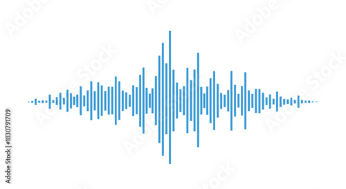 Vibrant blue sound wave visualization on a clean white background, representing audio or music.