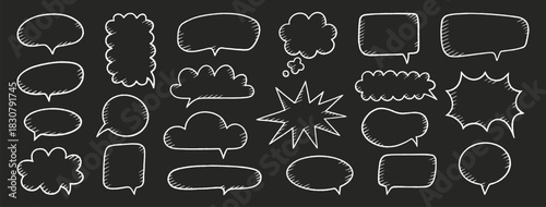 Crayon speech bubbles set. Chat talk boxes. Line art chalk hand drawn frames. Kid doodle dialogue balloon clouds. Pencil drawing, white thought elements, black background. Vector illustration