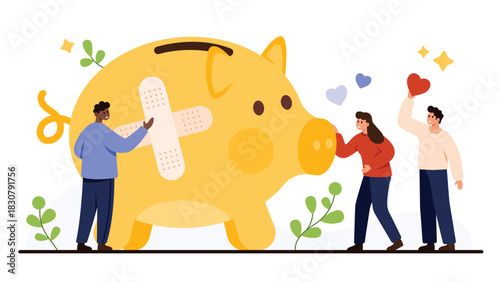 People repairing a large piggy bank with bandages, symbolizing financial recovery, inflation impact, and savings protection, isolated on white background vector illustration