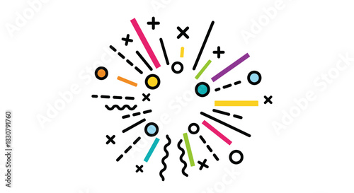 Explosion of colorful abstract geometric shapes radiating outwards with a celebratory feel.