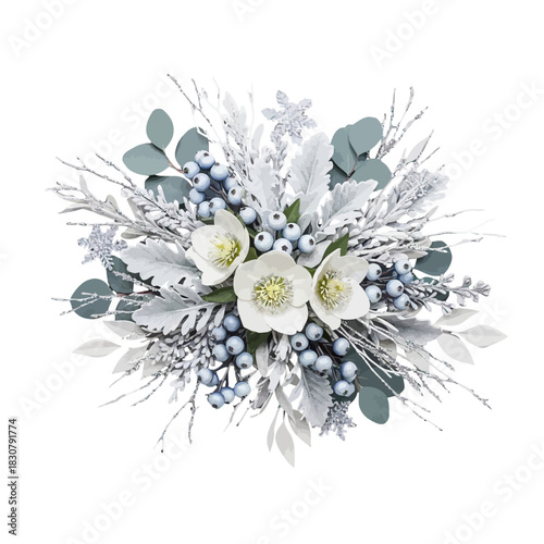 A beautiful winter floral arrangement featuring white flowers, berries, and frosted foliage.