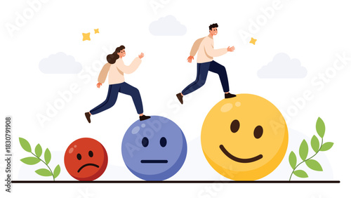 People moving from sad to happy faces, symbolizing emotional growth, positive change, and mindset improvement, isolated on white background vector illustration