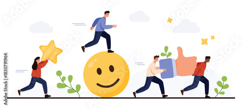 People collaborating with smiley face, star, thumbs up, and plants, representing positive feedback, teamwork, and motivation, isolated on white background vector illustration