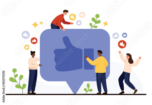 Group of diverse people surrounding a large thumbs up icon, expressing positivity, agreement, and social approval, isolated on white background vector illustration