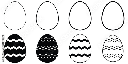 Easter eggs icon set. Easter Egg Icons with Wave Pattern. Spring Easter black and white egg elements. Egg outlined and solid icons. Vector illustration.