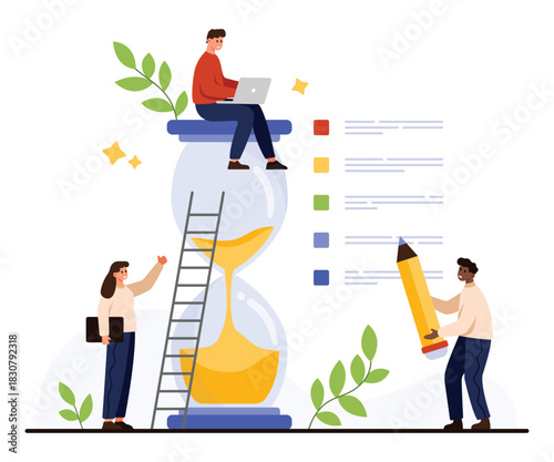 People organizing tasks with checklist and hourglass, representing time management, productivity, and effective planning, isolated on white background vector illustration