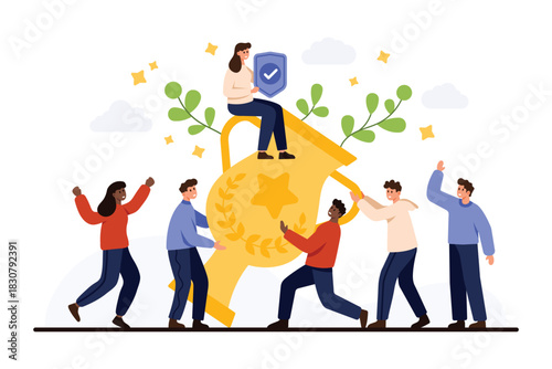 Group of people celebrating success with a large golden trophy, symbolizing achievement, teamwork, and victory, isolated on white background vector illustration