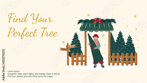 Winter holiday vector banner with a woman buying a wrapped Christmas tree in the tree farm or market. Festive outdoor scene. Perfect for seasonal banners, posters and greeting designs.