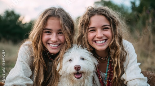 Two joyful twin girls pose warmly with their fluffy white puppy, showcasing the innocence and connection between children and their beloved pets in a natural setting.