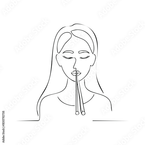 Minimalist one line drawing woman closing eyes holding nose with chopsticks conceptual illustration