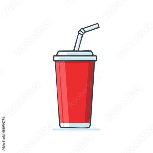Simple cartoon red soda cup with white lid and striped straw isolated on white