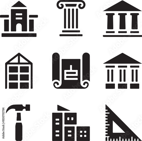 Architecture icons, building column, museum structure, blueprint plan, hammer tool, construction projec
