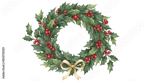 A beautiful watercolor illustration of a traditional Christmas holly wreath adorned with red berries and a golden bow.