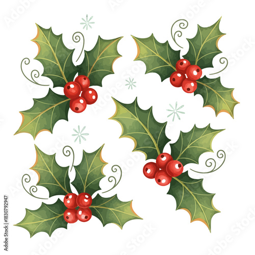 Four watercolor-style holly sprigs with vibrant red berries and green leaves, adorned with delicate snowflakes, perfect for festive holiday designs.