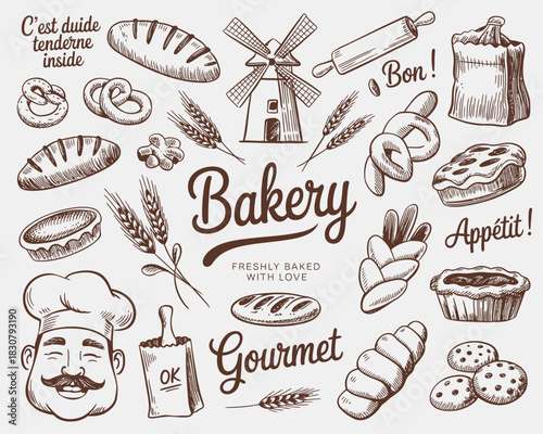 bakery whimsical hand-drawn illustration set,