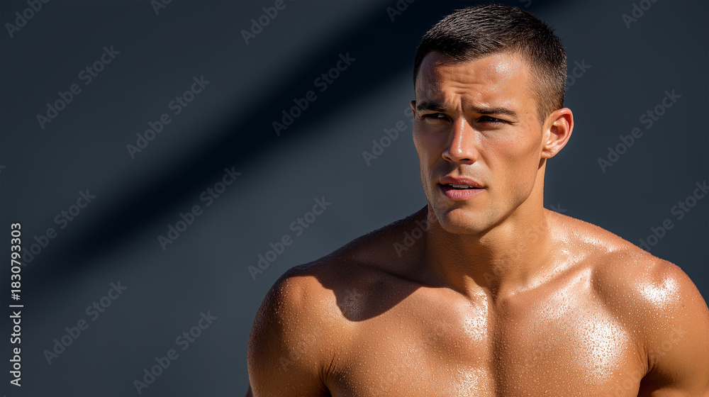 Fototapeta premium Close-up confident muscular man with wet sweaty skin looking away on dark gray background, copy space left. Fitness, sport, dedication, male beauty
