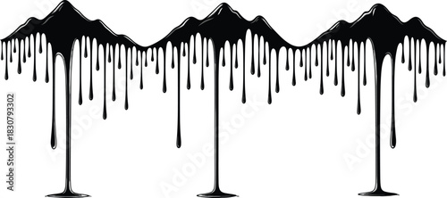 Glossy black liquid paint dripping down vector illustration with pools isolated on white background for graffiti or horror concept design