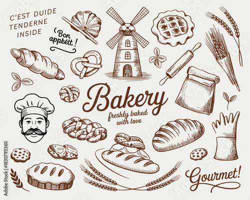 bakery whimsical hand-drawn set,