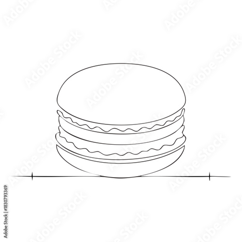 Minimalist line art illustration of a French macaron dessert