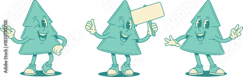 Comic cute green fir tree cartoon character set contoured vector flat illustration. Funny adorable smiling spruce natural plant mascot positive winked okay peace gesture advertising signboard