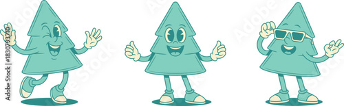 Comic happy green fir tree cartoon character set contoured vector flat illustration. Smiling funky cheerful spruce natural plant mascot dancing having fun greeting cool in sunglasses welcome