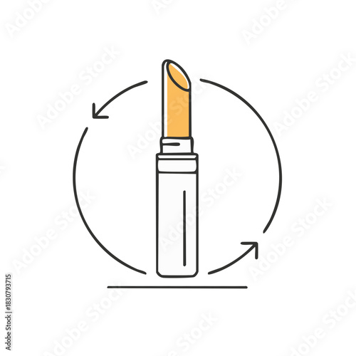 Simple clean line art illustration of a yellow lipstick with circular arrows indicating movement or rotation