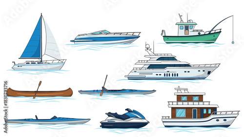 Assortment of nine vector illustrations of various watercraft on blue water