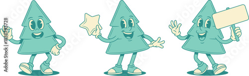 Happy positive green fir tree cartoon character set contoured vector flat illustration. Smiling cheerful spruce natural plant mascot okay star best award reward signboard shopping sale announce