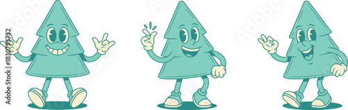 Funky comic green fir tree cartoon character set contoured vector flat illustration. Smiling cheerful spruce natural plant mascot idea rock ok okay gesture happy with positive emotion