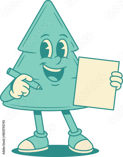 Comic green fir tree cartoon character writing letter contoured vector flat illustration. Funny smiling spruce natural plant mascot with paper blank wish to do list advertising announcement