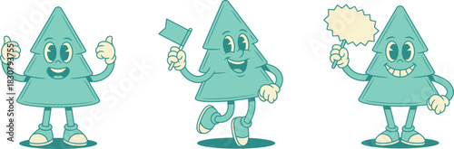 Comic smiling green fir tree cartoon character set contoured vector flat illustration. Funky happy spruce natural plant mascot cool thumb up positive emotion with flag advertising signboard sale