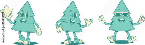 Funky cool green fir tree cartoon character set contoured vector flat illustration. Smiling cute spruce natural plant mascot presenting greeting welcome with star positive emotion in sunglasses