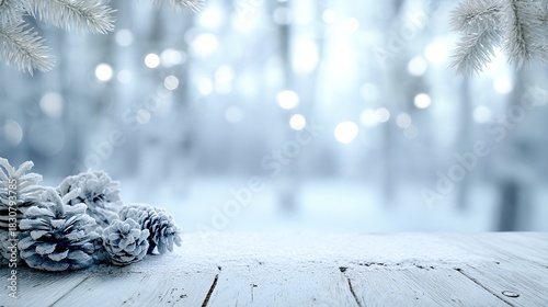 Winter snow background with pine branches and cones on wooden table, blurred winter forest behind, christmas card concept for product presentation with wide-angle lens and realistic lighting.