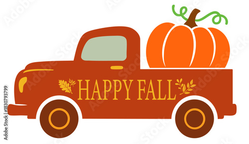 Happy Fall Vintage Truck with Pumpkin. Autumn Harvest Pickup Illustration