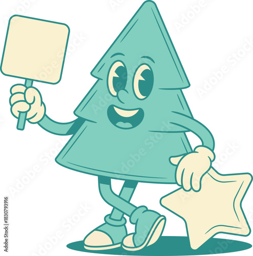 Smiling green fir tree Christmas cartoon character with signboard contoured vector flat illustration. Happy cheerful spruce natural plant mascot with advertising sale shopping board star best rate