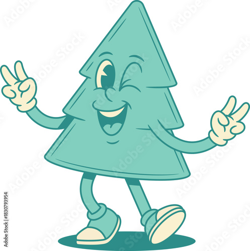 Funky cheerful green fir tree Christmas cartoon character contoured vector flat illustration. Smiling happy spruce natural plant mascot having fun peace greeting gesture positive emotion