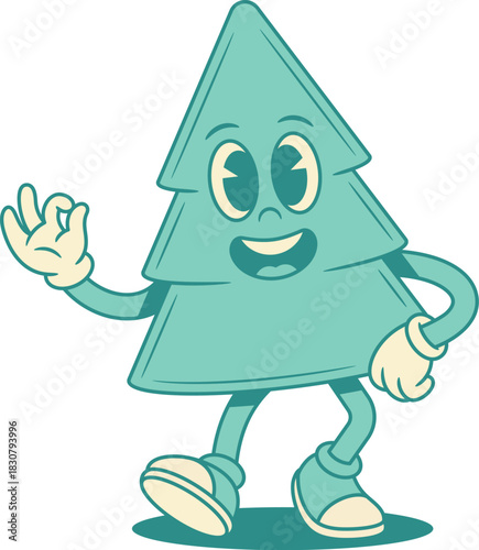 Funky cute green fir tree Christmas cartoon character okay ok gesture contoured vector flat illustration. Smiling cheerful spruce natural plant mascot having fun good recommend cool gesture