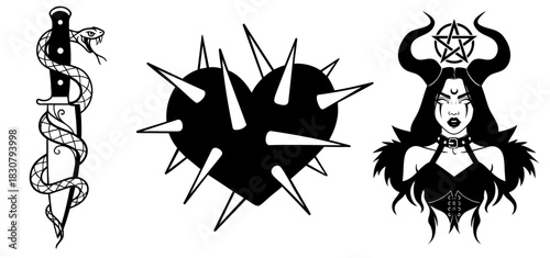 Dark Gothic Witchcraft Bundle — Occult Dagger with Snake, Spiked Heart, Demon Witch with Pentagram Fantasy Set